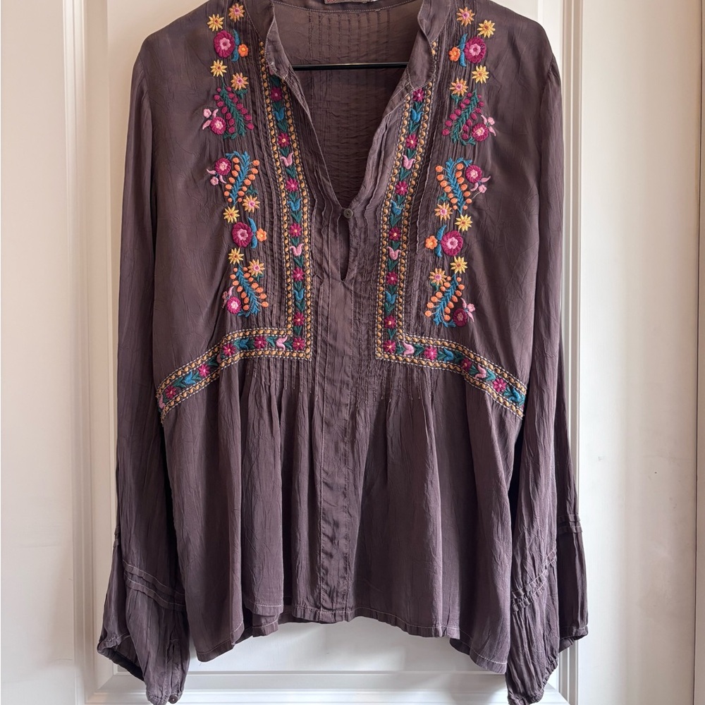 Johnny Was Charcoal Blouse with Vibrant Embroidery
